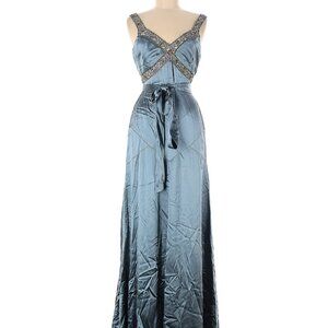Monique Lhuillier Steel Blue Beaded Strap Maxi Dress